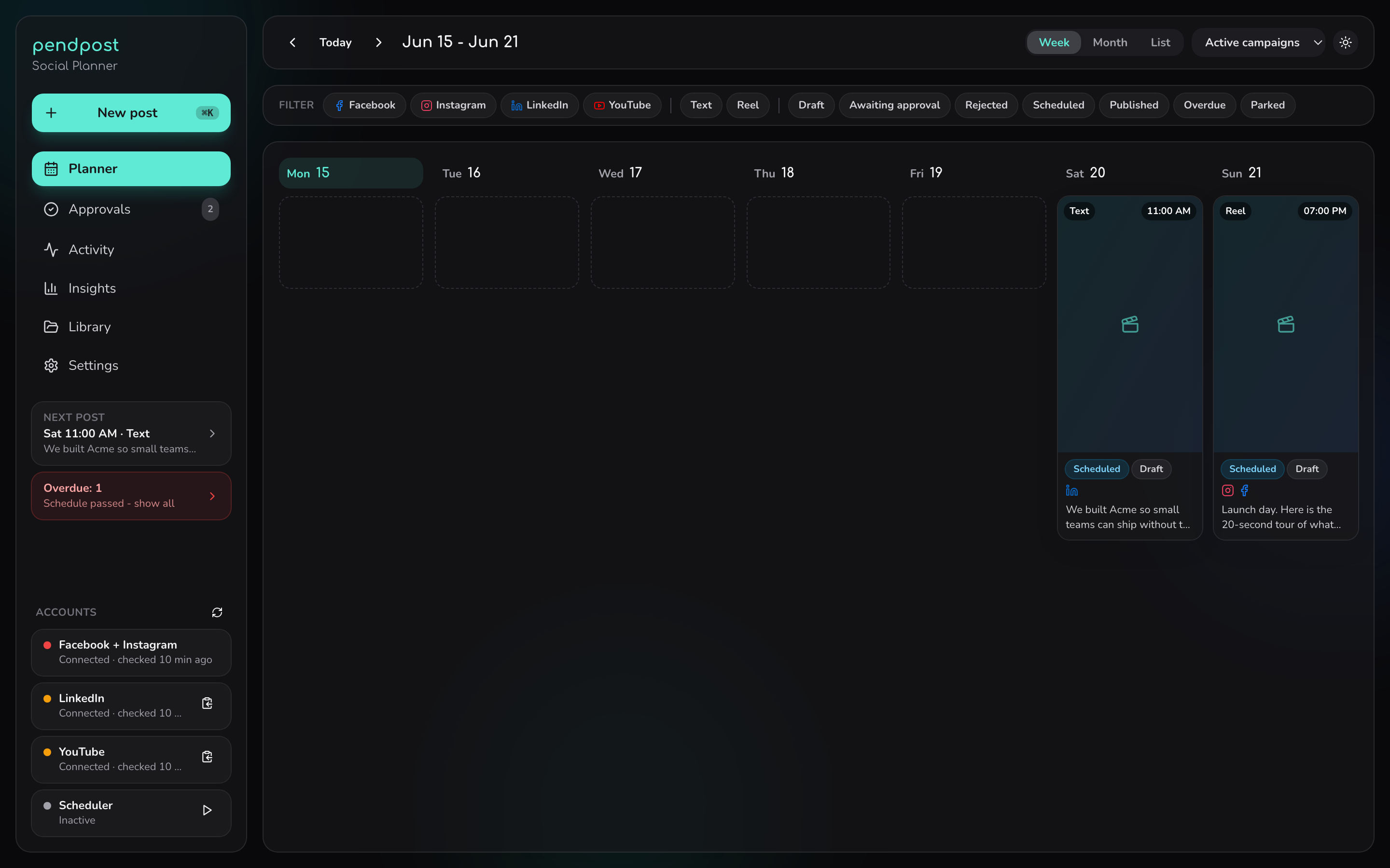 The pendpost planner: a calendar of drafted and scheduled posts
