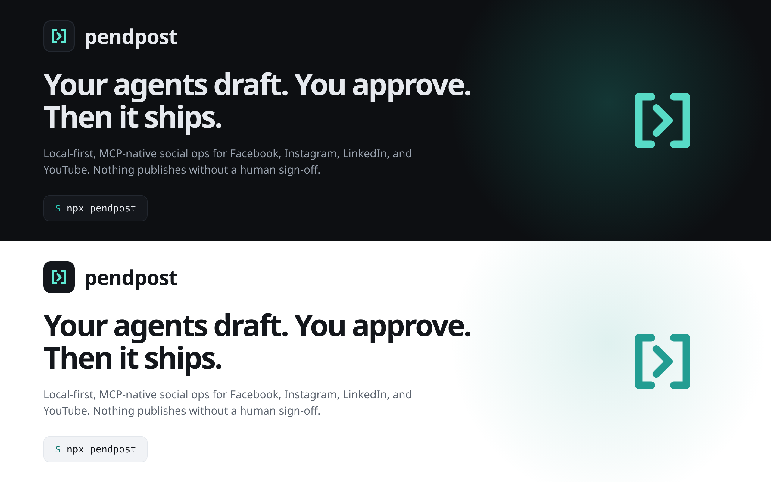pendpost: an AI agent drafts and schedules posts; a human approval gate decides what publishes